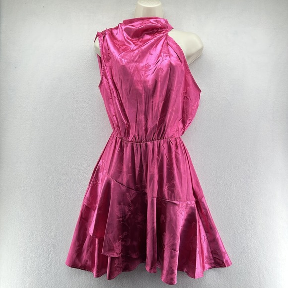 Hello Molly Dress Womens 6 Pink Floral Satin Halter Fit & Flare Mini Party